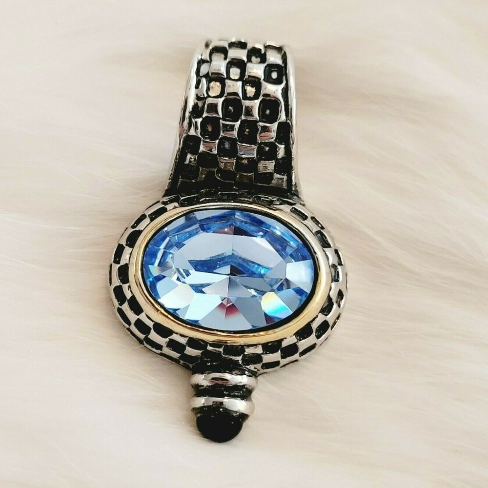 Vintage JC Gypsy Pendant Slide Charm Blue Glass Silver Tone Signed Retro 8023